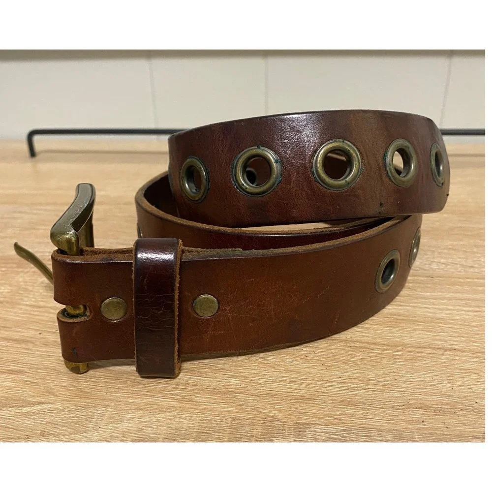 Italian Leather Grommet Belt Unisex Medium Brown Brass Eyelet Y2k Indie Grunge